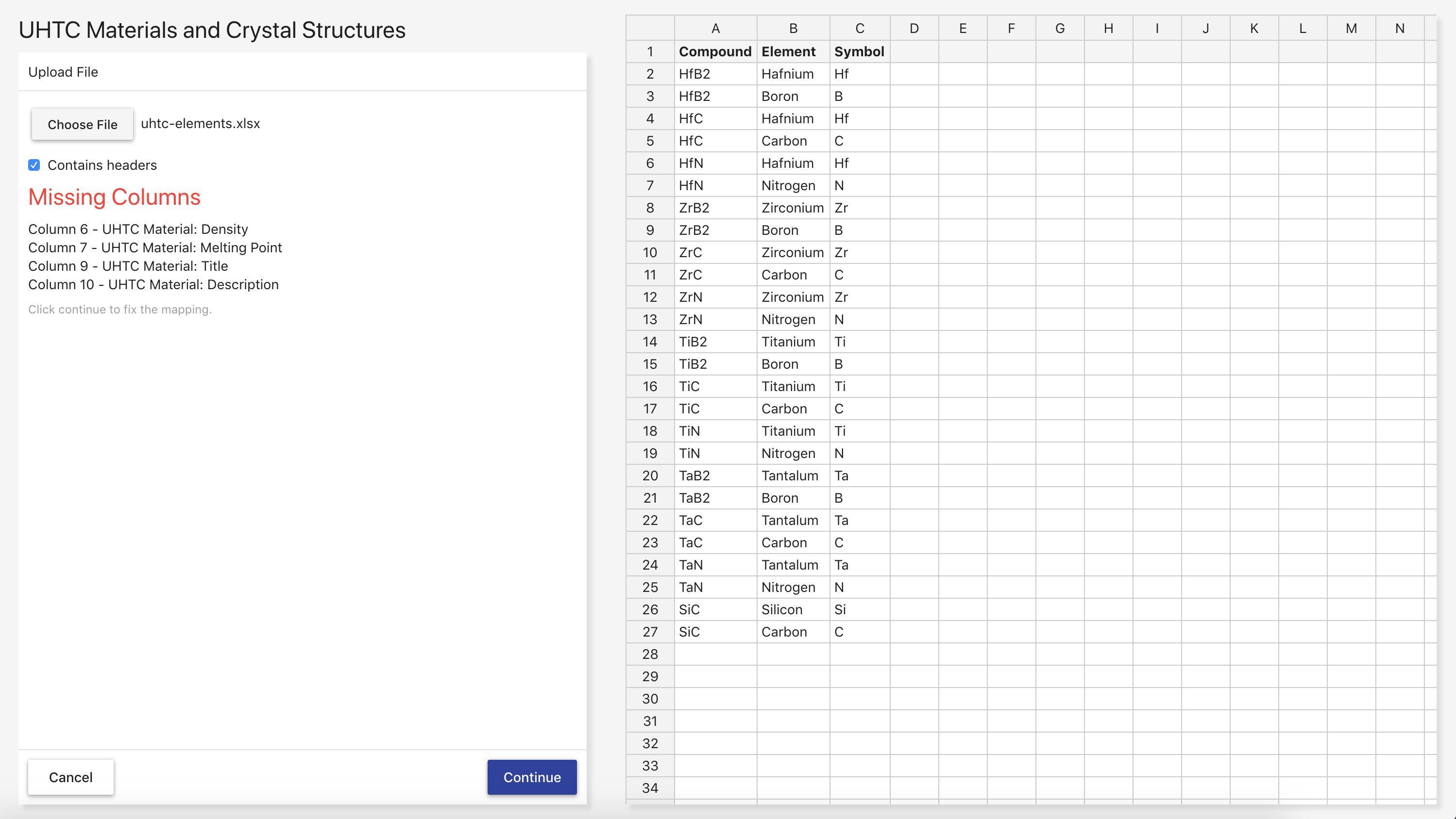 file upload edit missing columns