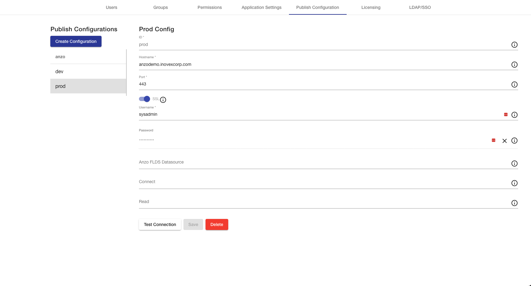 selected anzo publish config