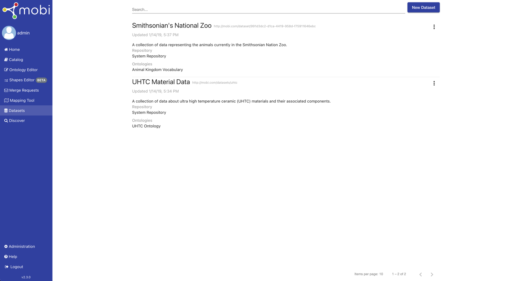 full datasets manager initial view